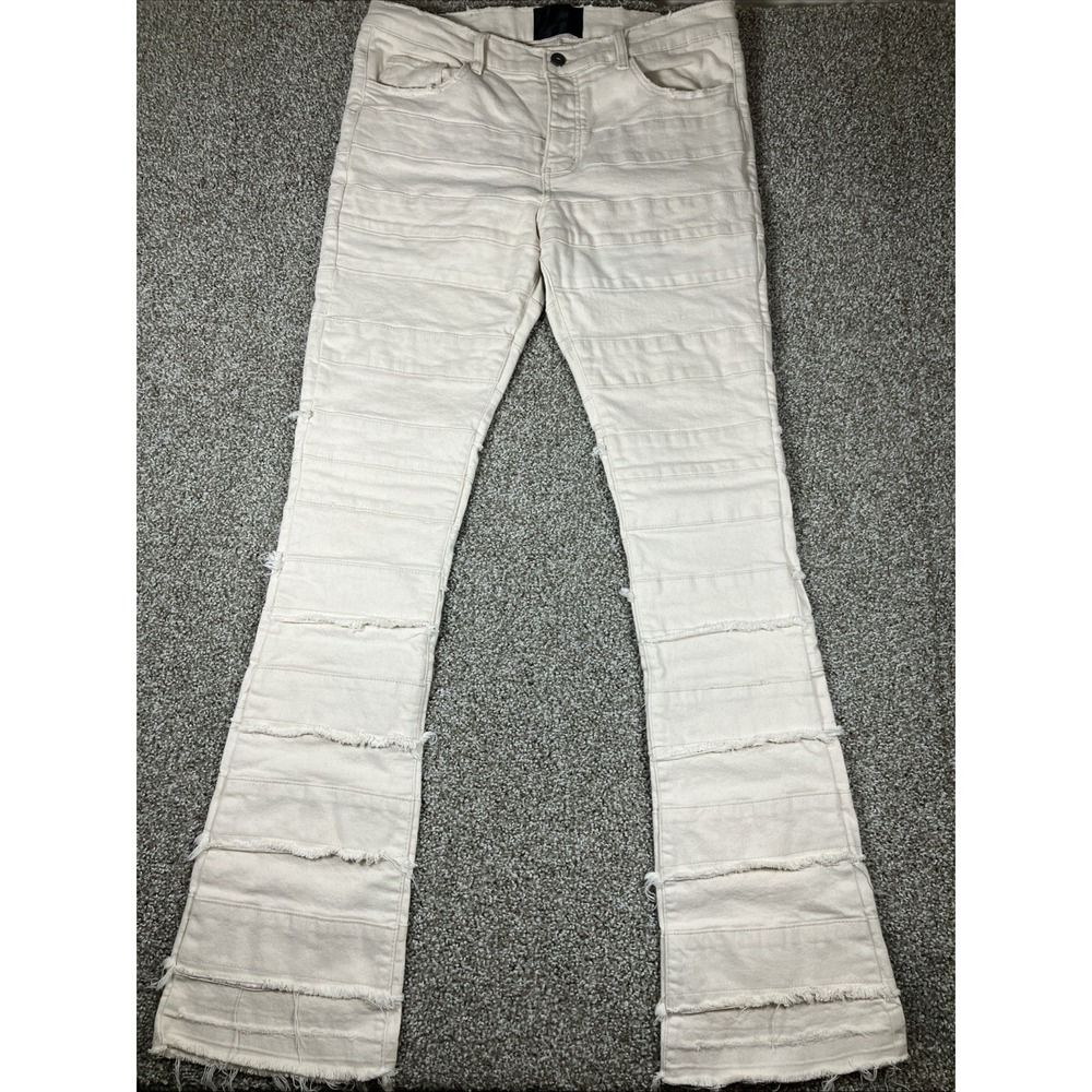 Valabasas Cream Stacked Stretch Flare Jeans Men's Size 36 Button Fly Frayed